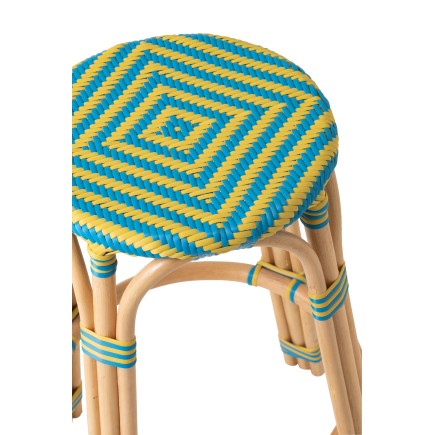 Tabouret de bar en bois assise bleu et jaune 53x53x66 cm