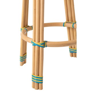 Sgabello da bar in legno con seduta blu e gialla, 53x53x66 cm