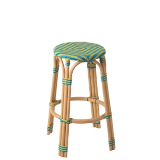 Sgabello da bar in legno con seduta blu e gialla, 53x53x66 cm