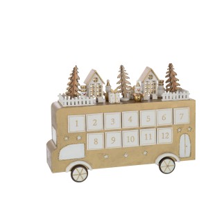 Calendrier de l'Avent bus en contreplaqué blanc et doré 31x9x24 cm