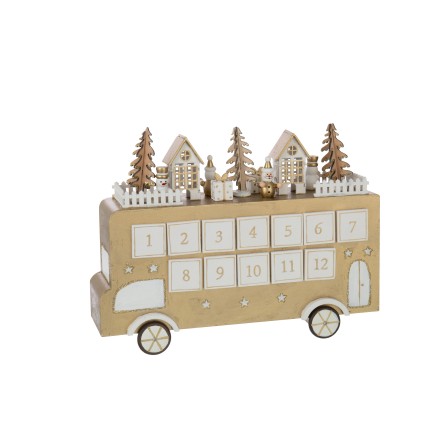 Calendrier de l'Avent bus en contreplaqué blanc et doré 31x9x24 cm