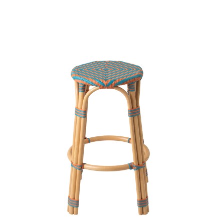 Banco de bar em madeira com assento azul e laranja, 53 x 53 x 66 cm