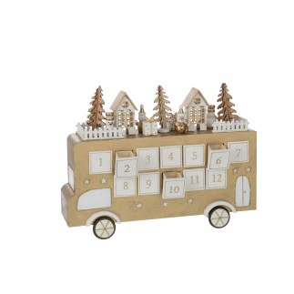 Calendario dell'Avvento a forma di autobus in compensato bianco e dorato, 31x9x24 cm