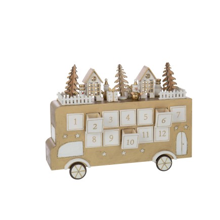 Calendrier de l'Avent bus en contreplaqué blanc et doré 31x9x24 cm