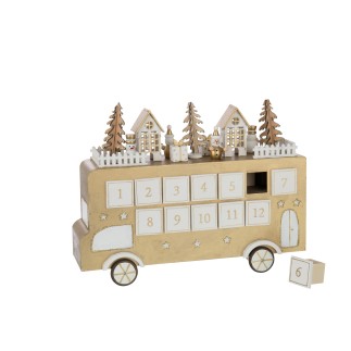 Calendrier de l'Avent bus en contreplaqué blanc et doré 31x9x24 cm