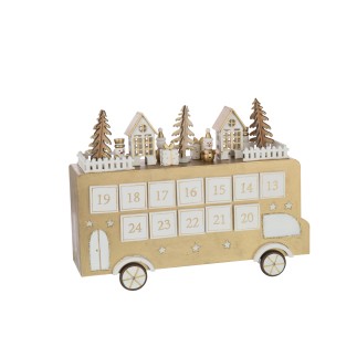 Calendrier de l'Avent bus en contreplaqué blanc et doré 31x9x24 cm