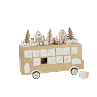 Calendrier de l'Avent bus en contreplaqué blanc et doré 31x9x24 cm