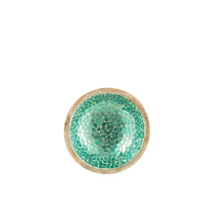 Taça em mosaico de madeira de mangue azul e bege, 15,5 x 15,5 x 6 cm