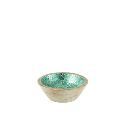 Taça em mosaico de madeira de mangue azul e bege, 15,5 x 15,5 x 6 cm