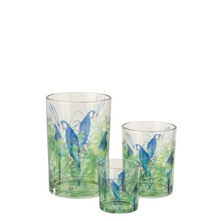 Photophore motif perroquet en verre bleu 12x12x18 cm