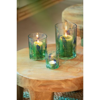Photophore motif perroquet en verre bleu 12x12x18 cm