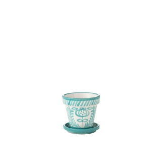Vaso di fiori con piattino in ceramica blu chiaro 21x21x19 cm