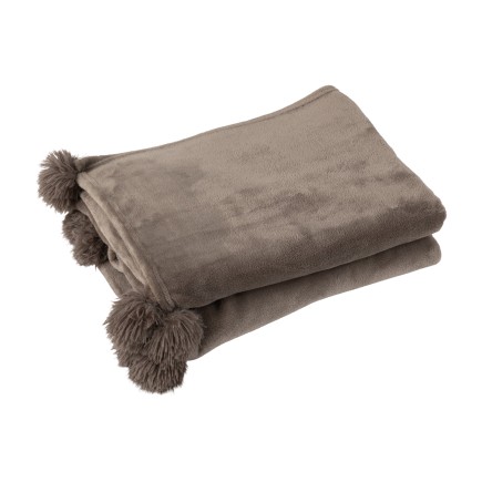 Plaid avec pompons en polyester taupe foncé 176x128cm