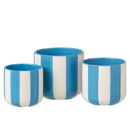 Cache-pot rayé en céramique bleu et blanc 15x14x14 cm