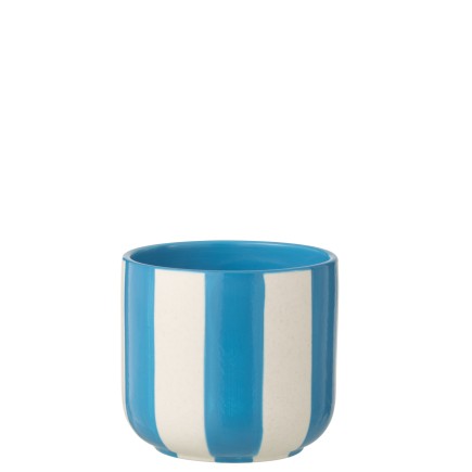 Vaso cerâmica com riscas azuis e brancas, 15x14x14 cm