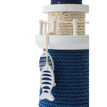 Farol decorativo em madeira e corda azul 14x14x40 cm