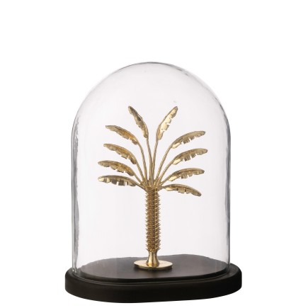 Cloche décorative avec palmier doré en verre socle noir 22x15.5x28 cm
