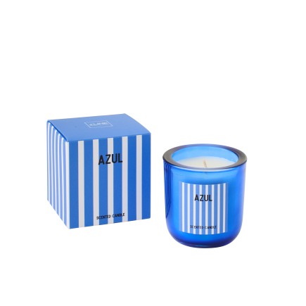 Bougie parfumée « Salt & Waves » dans verre bleu 8x8x8.5 cm