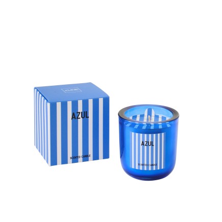 Candela profumata «Salt & Waves» in vetro blu 8x8x8,5 cm