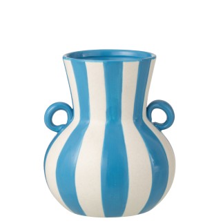 Vaso cerâmico com riscas azuis e brancas 21x21x25 cm