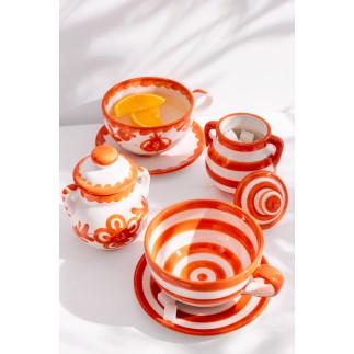 Tasse et sous-tasse en céramique orange 13x13x7 cm