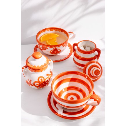 Taza y platillo de cerámica naranja 13 x 13 x 7 cm