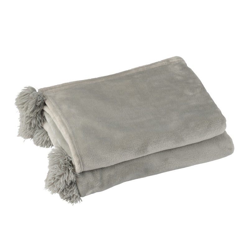 Plaid con pompon in poliestere grigio 176x128cm Plaid con pompon in poliestere grigio 176x128cm