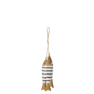 Suspensão com 3 peixes em madeira branca e azul 31x4x2 cm