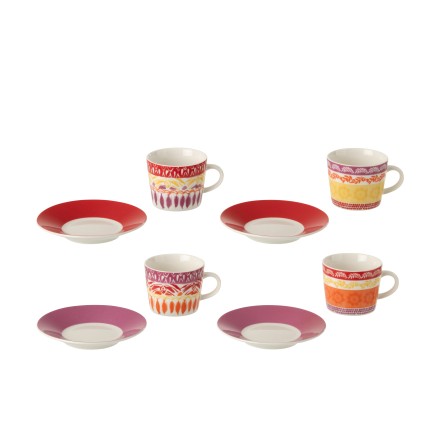 Confezione da 4 tazze e piattini in ceramica viola, 11,2 x 11,2 x 6 cm