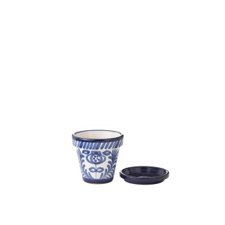 Vaso di fiori con piattino in ceramica blu scuro 21x21x19 cm