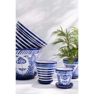 Vaso com pires em cerâmica azul escuro 21x21x19 cm