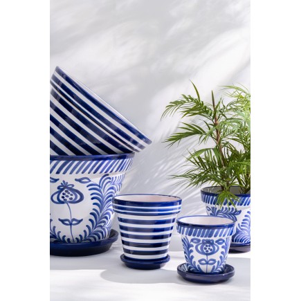Vaso com pires em cerâmica azul escuro 21x21x19 cm