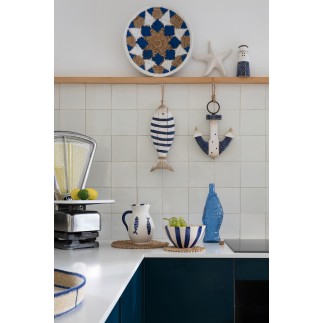 Suspension poisson en bois blanc et bleu 14x4x52 cm