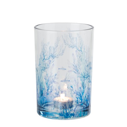 Photophore corail en verre bleu 12x12x18 cm