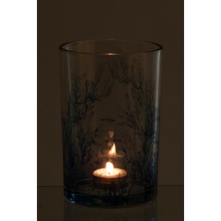 Photophore corail en verre bleu 12x12x18 cm