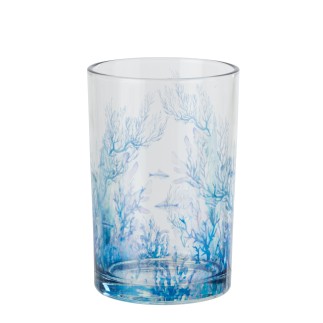 Photophore corail en verre bleu 12x12x18 cm