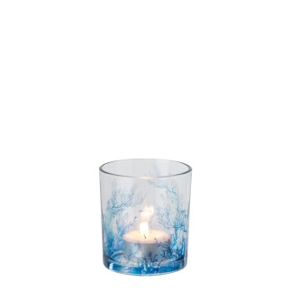 Photophore corail en verre bleu 7.3x7.3x8 cm