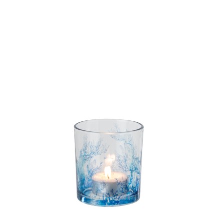 Photophore corail en verre bleu 7.3x7.3x8 cm