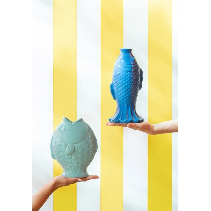 Vase soliflore poisson en grès bleu 13.5x11.8x28 cm