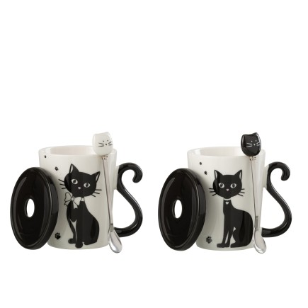 Lote de 2 tazas de gatos con tapa y cuchara de porcelana blanco y negro 11x8x11cm