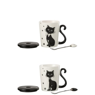 Lote de 2 tazas de gatos con tapa y cuchara de porcelana blanco y negro 11x8x11cm
