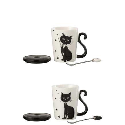 Lote de 2 tazas de gatos con tapa y cuchara de porcelana blanco y negro 11x8x11cm