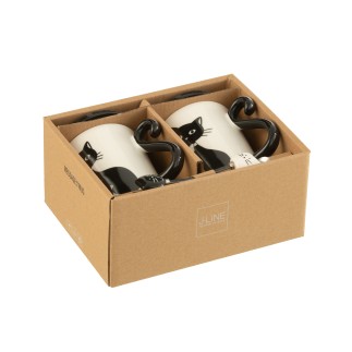 Lote de 2 tazas de gatos con tapa y cuchara de porcelana blanco y negro 11x8x11cm