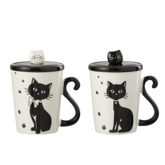 Lote de 2 tazas de gatos con tapa y cuchara de porcelana blanco y negro 11x8x11cm