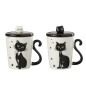 Lote de 2 tazas de gatos con tapa y cuchara de porcelana blanco y negro 11x8x11cm Lote de 2 tazas de gatos con tapa y cuchara de porcelana blanco y negro 11x8x11cm