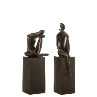 Lot de 2 personnages sur socle en céramique marron 14x11x37cm