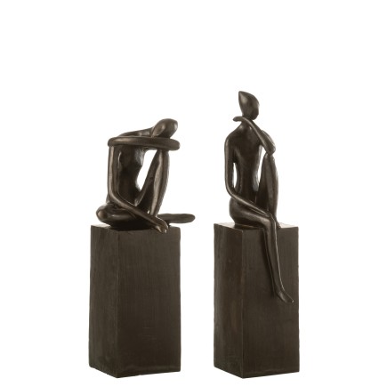 Lot de 2 personnages sur socle en céramique marron 14x11x37cm