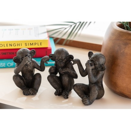 Conjunto de 3 monos de la sabiduría en resina marrón 13x9x15 cm