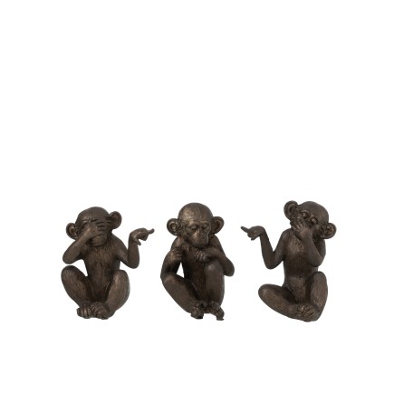 Conjunto de 3 monos de la sabiduría en resina marrón 13x9x15 cm