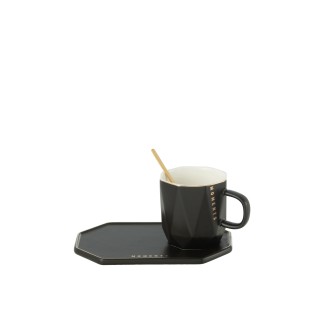 Taza con platillo y cuchara de cerámica negra 17.8*12.2*8cm